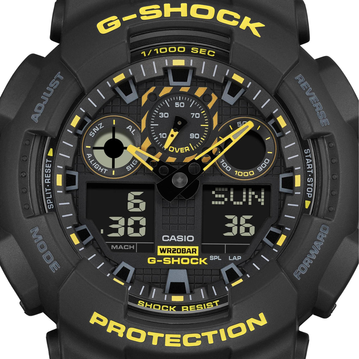 Black digital G-Shock watch with yellow accents, resin bezel and strap