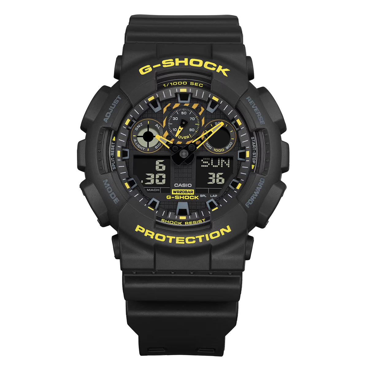 Black digital G-Shock watch with yellow detailing, round face and resin band