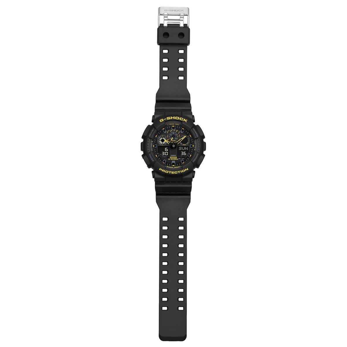 Black G-Shock digital watch on extended resin strap, rectangular buckle