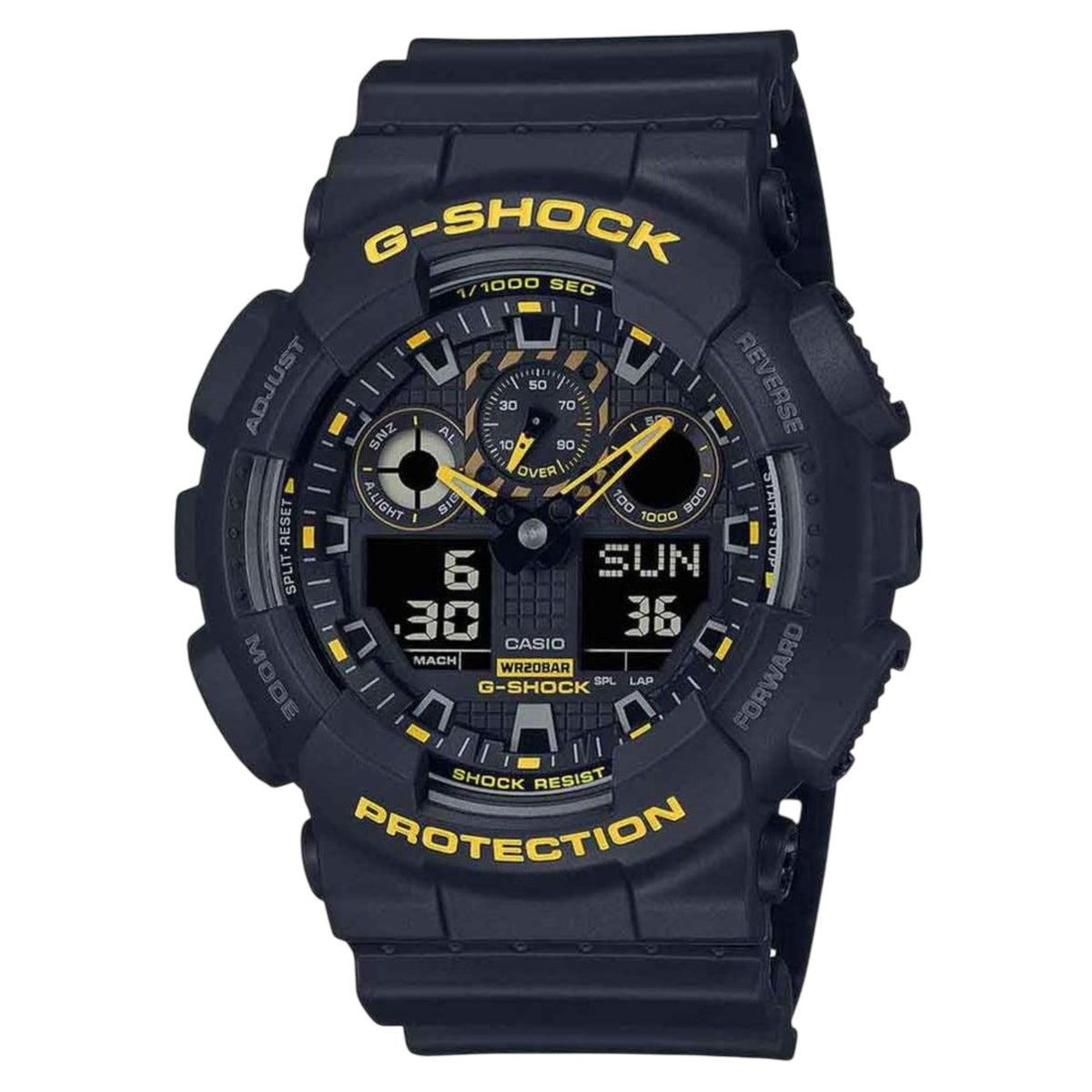 G-Shock digital wristwatch with black resin strap and yellow accents on round face.