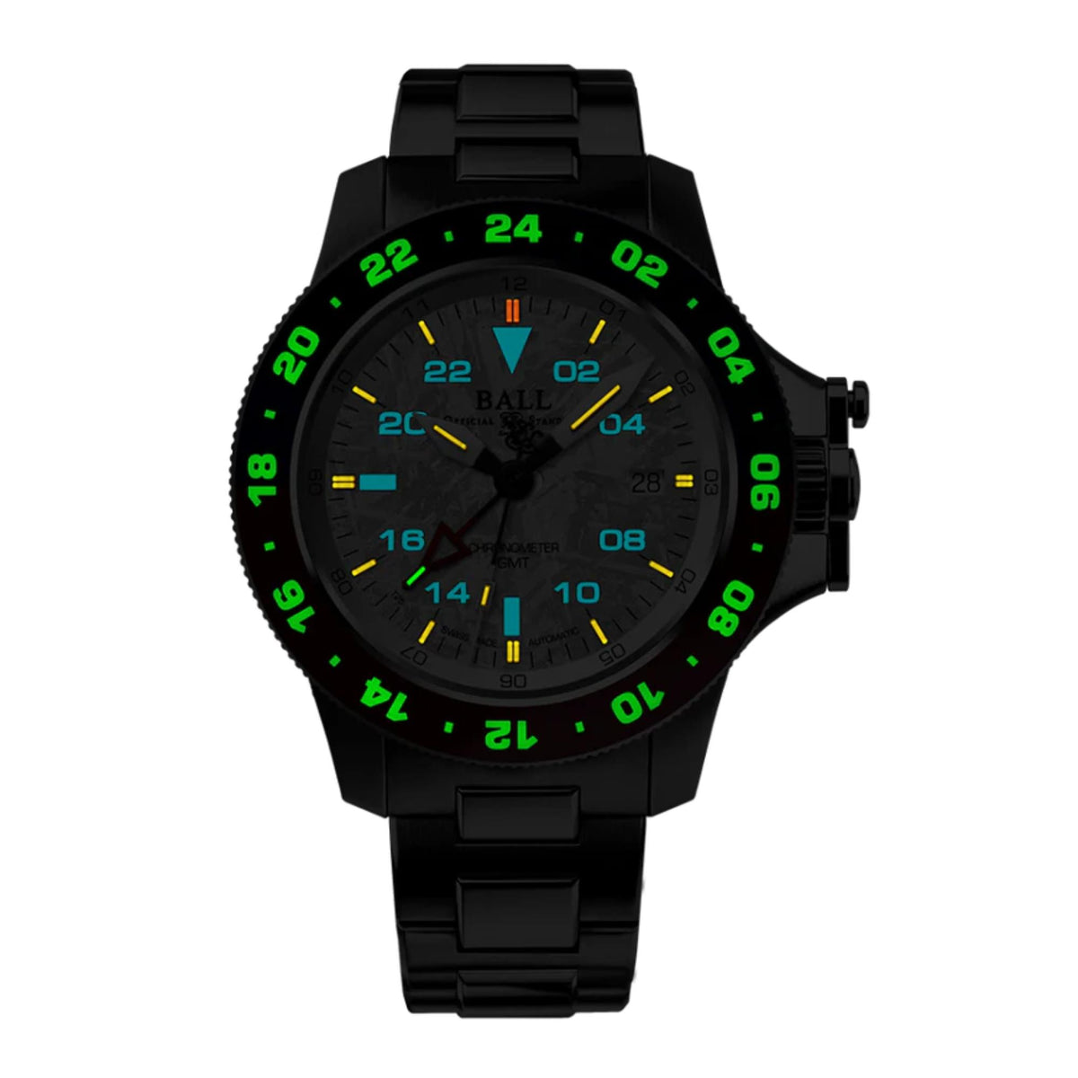 Men's black wristwatch with luminous markers on dark dial and black link bracelet
