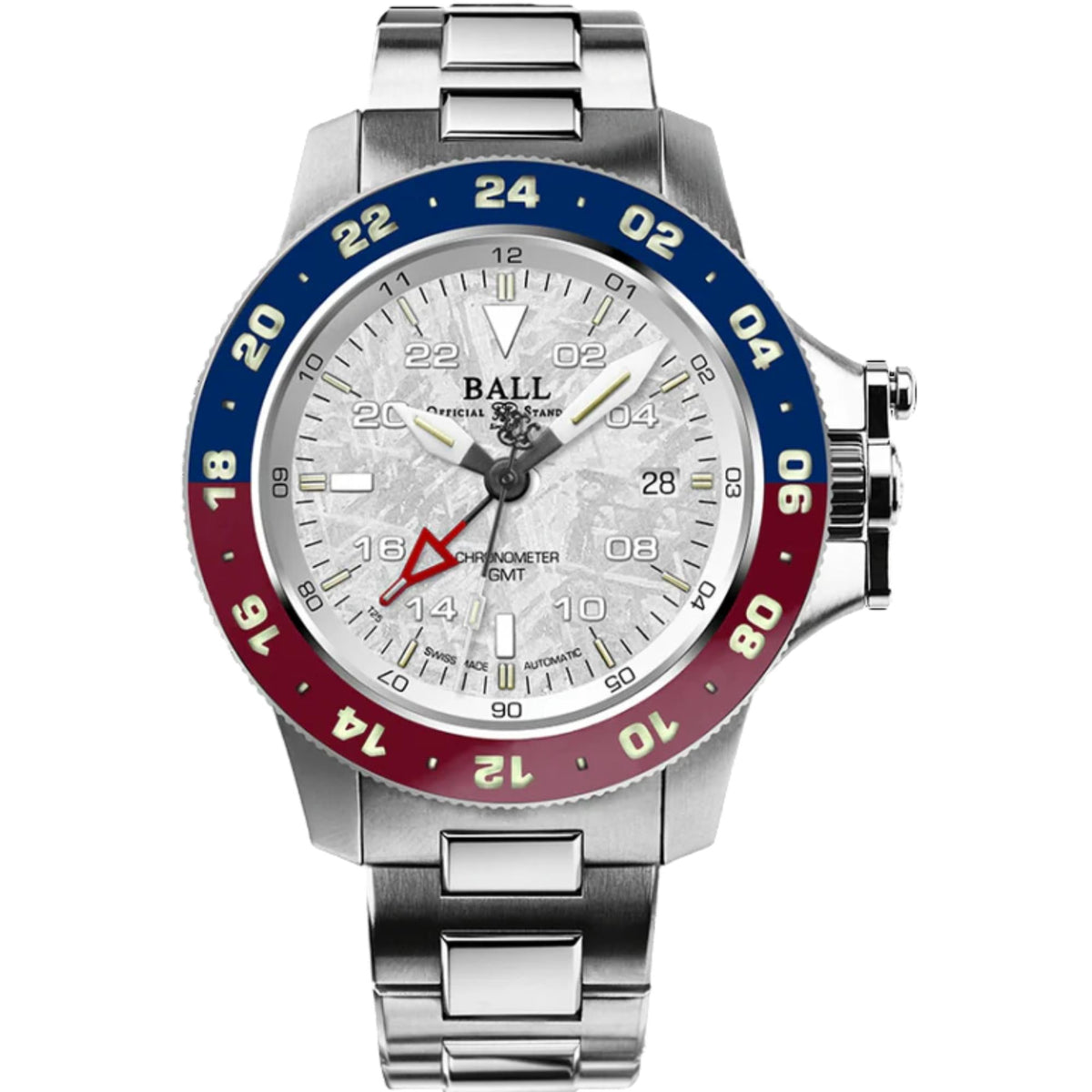 Men's stainless steel wristwatch with blue-to-red bezel and white dial, analog hands