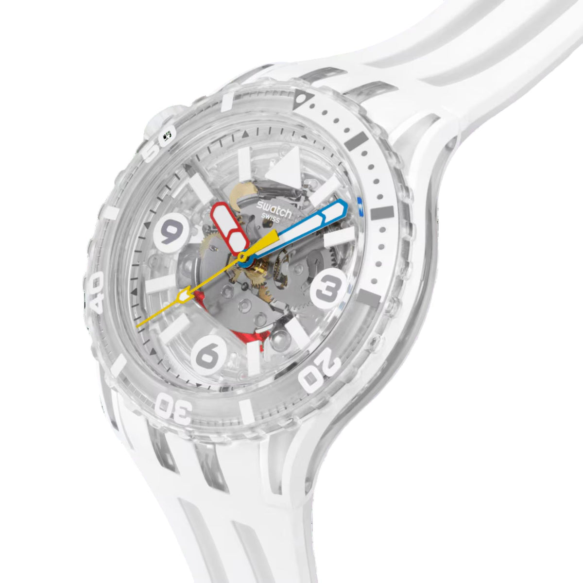 White Swatch watch angled view, skeleton dial with colored hands and white silicone strap