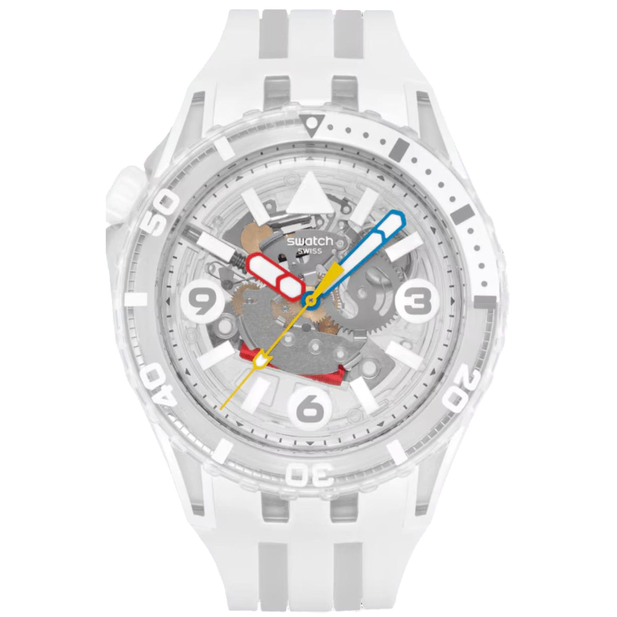 White Swatch watch front view, white silicone strap, skeleton face with multicolor hands
