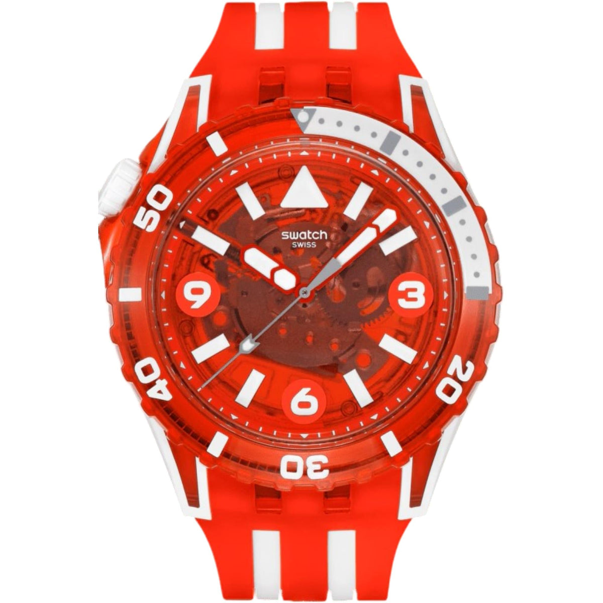 Front view red dive watch with red dial, white markers, and red silicone strap.