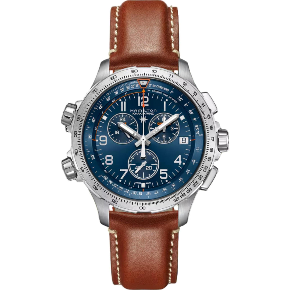 Aviation quartz watch front view, blue dial with subdials, brown leather strap