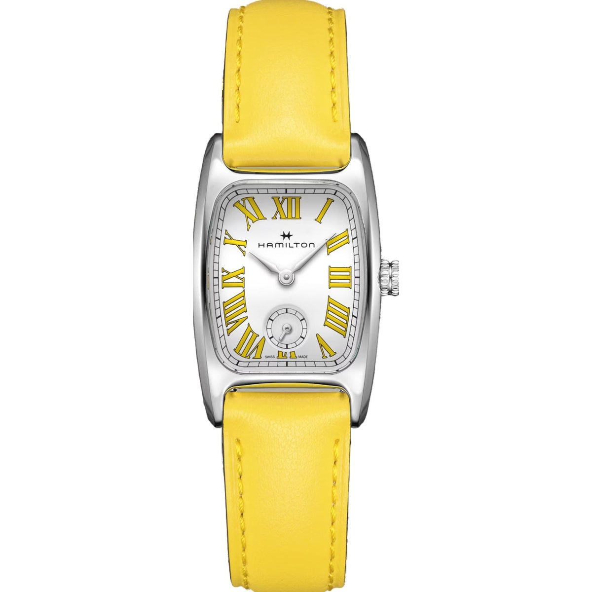 Ladies quartz wristwatch, silver case, white dial, Roman numerals, yellow leather strap