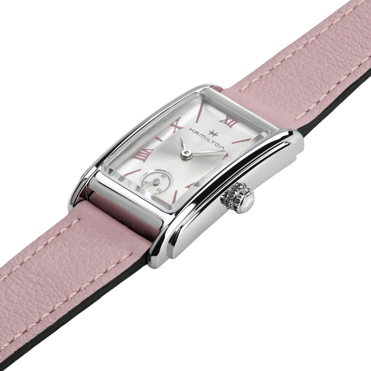 Side profile ladies quartz watch with pink leather strap, silver case and crown, Roman numeral dial