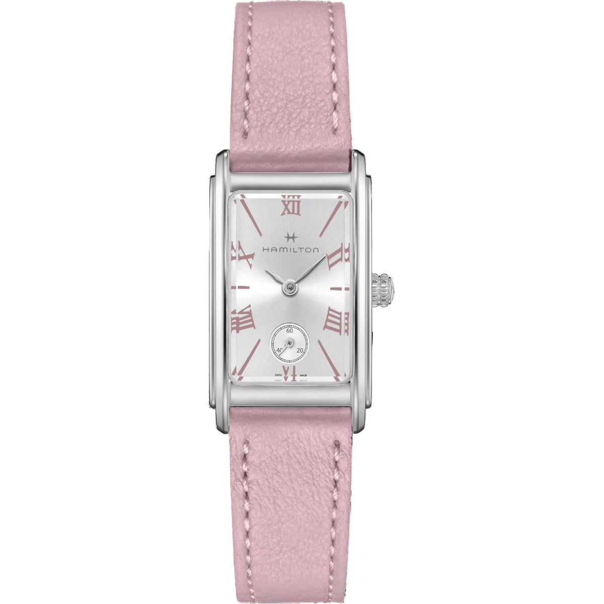 Ladies quartz watch front view with pink leather strap, silver rectangular case, Roman numeral dial
