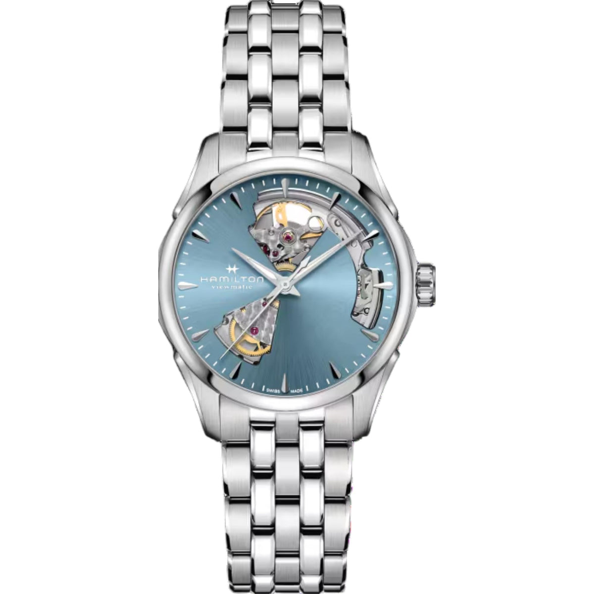 Stainless steel automatic wristwatch with open-heart blue dial and polished metal bracelet