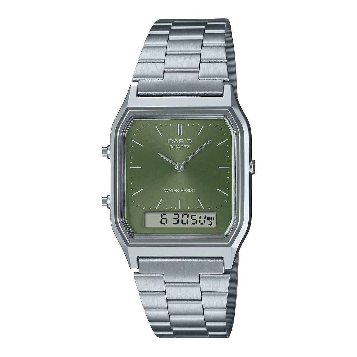 Green dial Casio quartz watch with stainless steel bracelet, studio front view