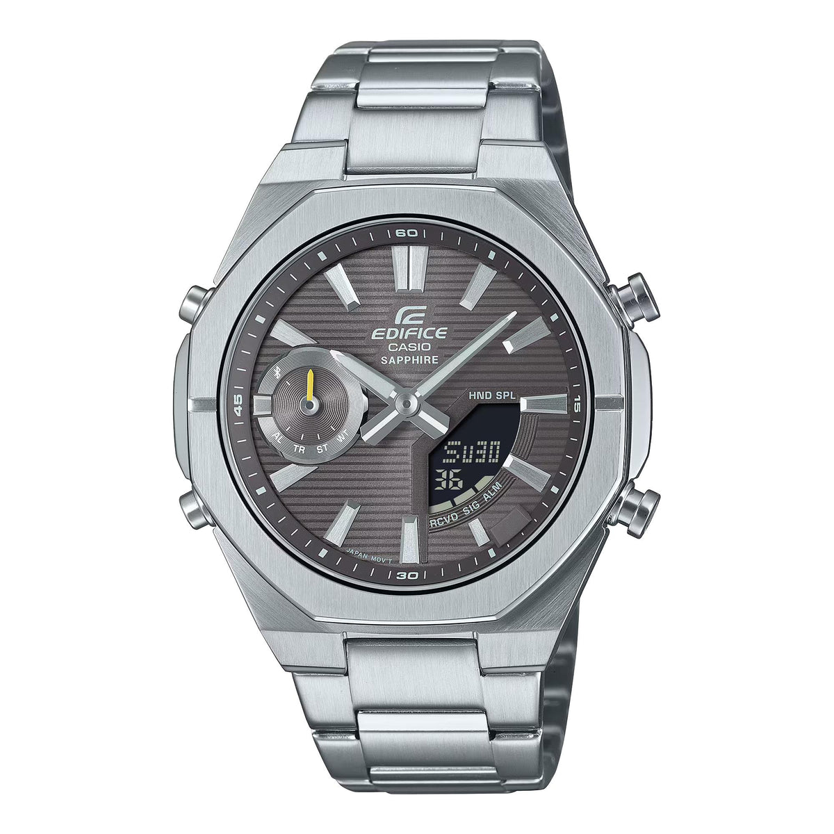 Men's solar watch, grey dial with subdials, stainless steel bracelet and octagonal case