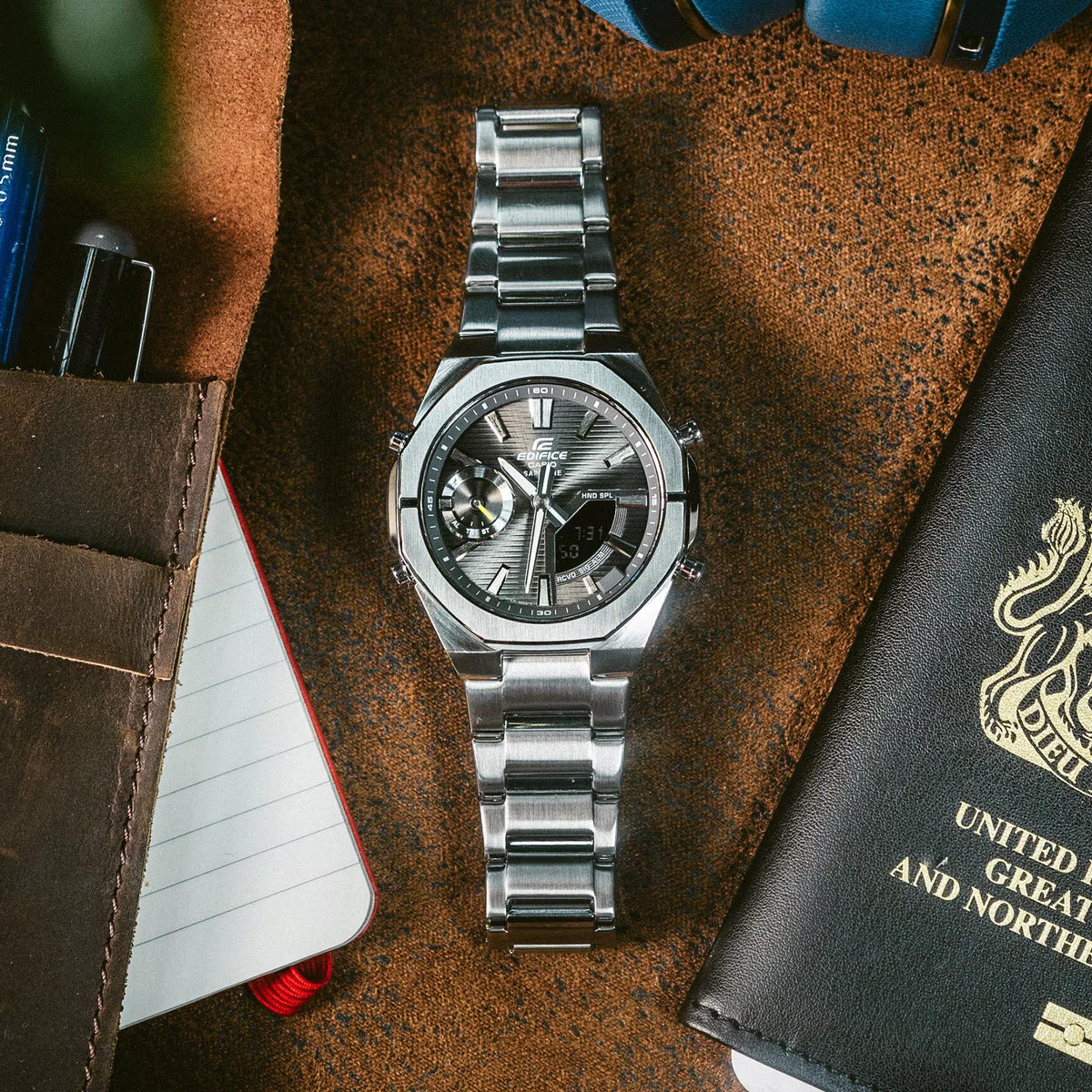 Men's solar powered watch with grey dial and stainless steel bracelet, octagonal case
