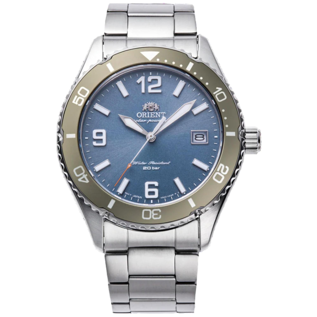 Blue dial mens solar watch with steel bracelet, bezel numbers, and baton hour markers