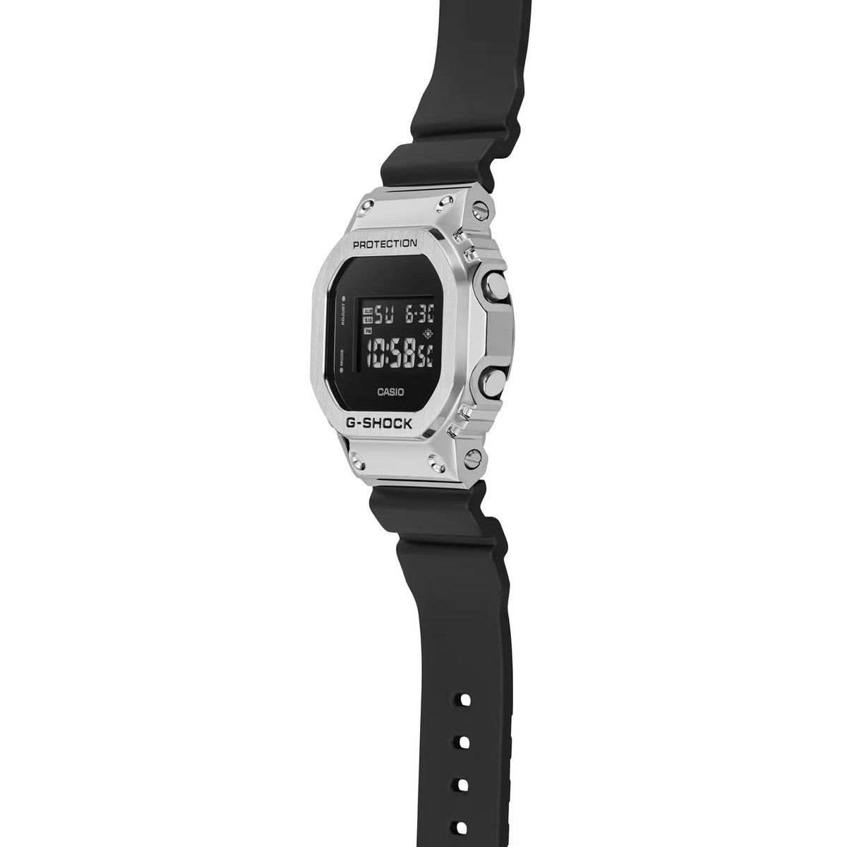 G-Shock watch side view with black resin strap and steel-tone case