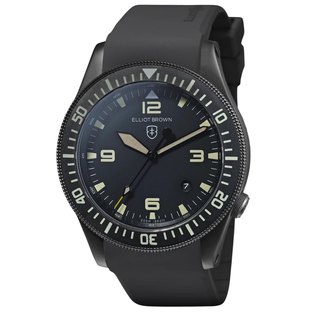 Men's quartz watch front view with blue dial, black rubber strap, and luminous numerals