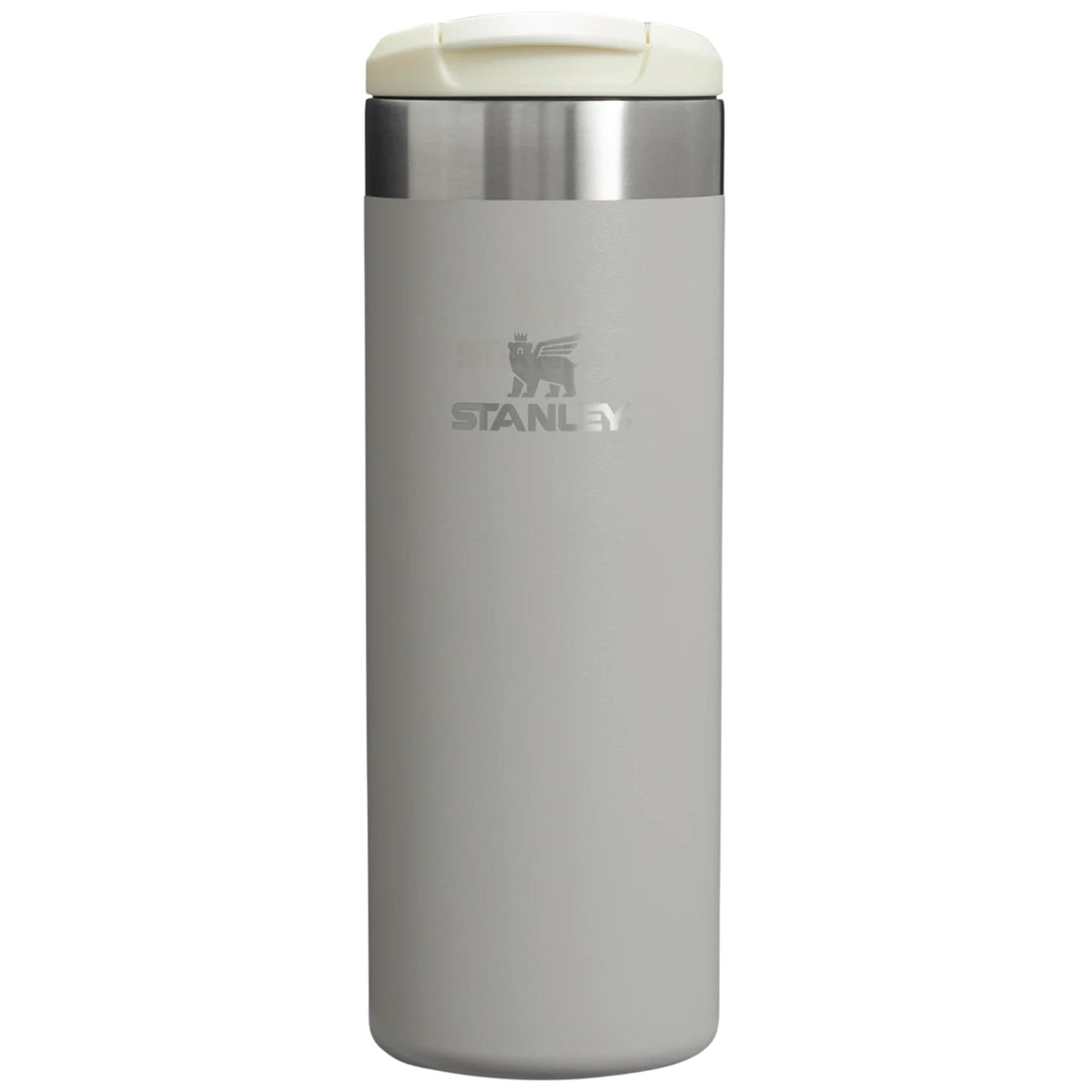 Light gray insulated travel mug with cream lid and Stanley logo on front