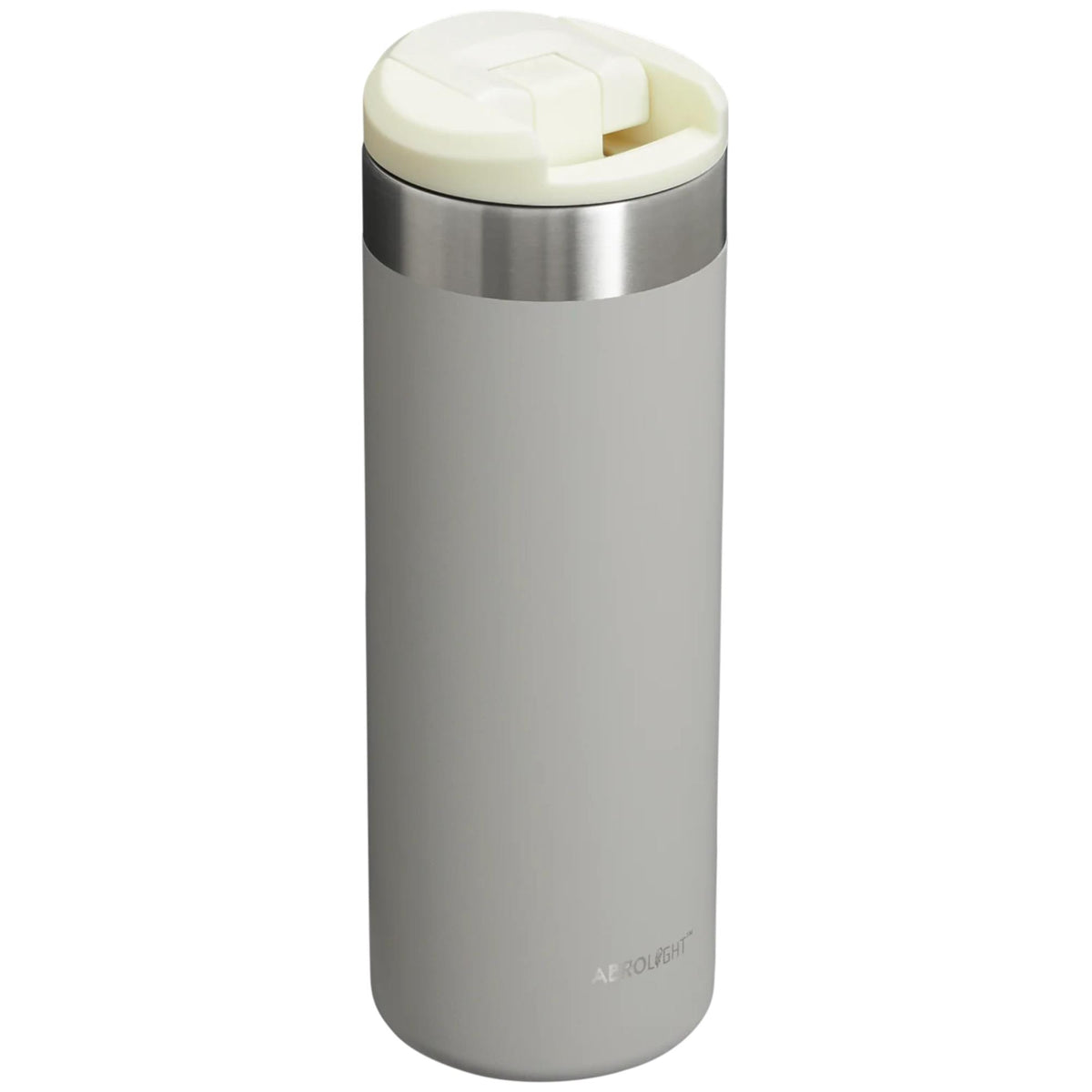 Light gray insulated travel mug with cream flip-top lid closed