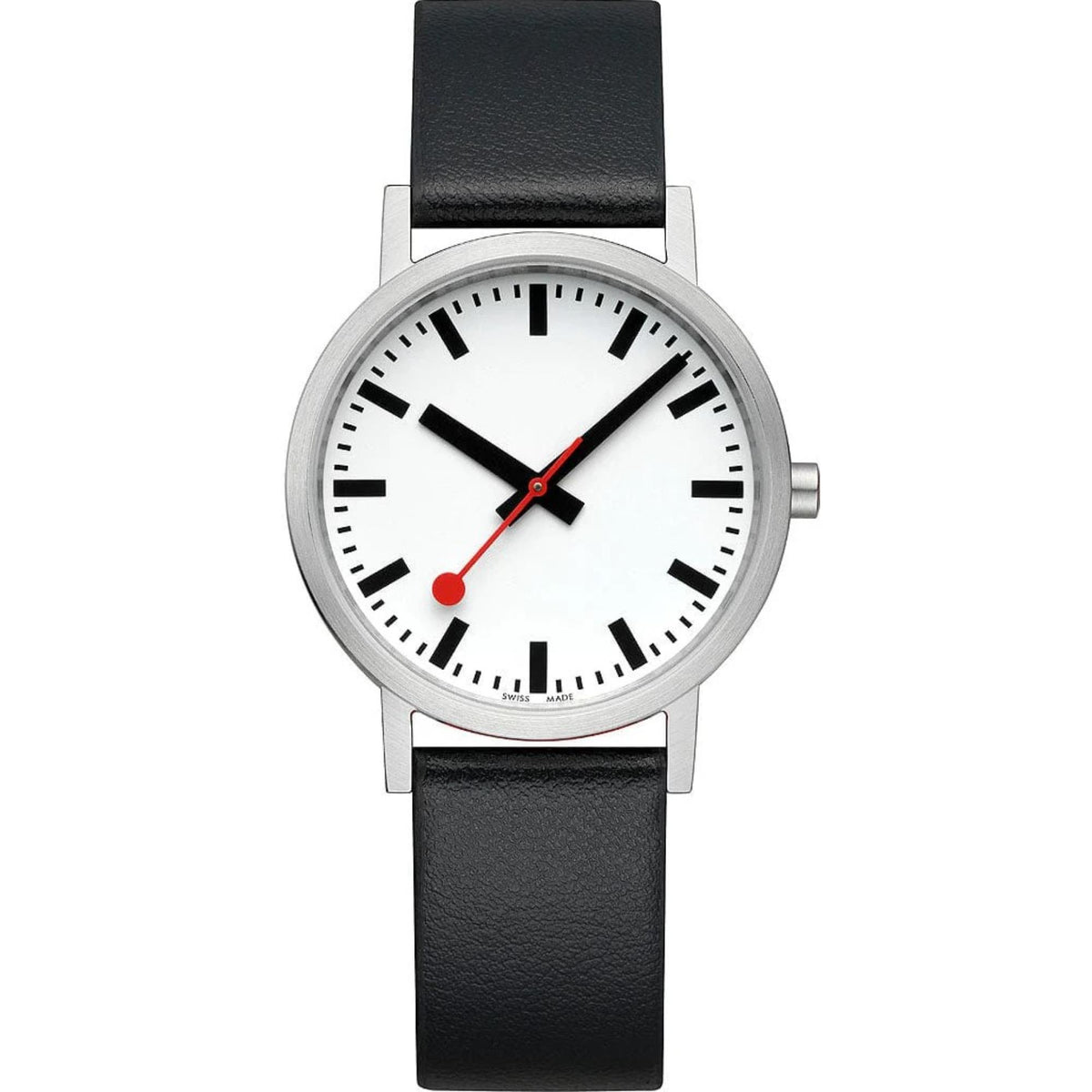 Women's quartz watch, white dial with black hour markers and red second hand, black leather strap