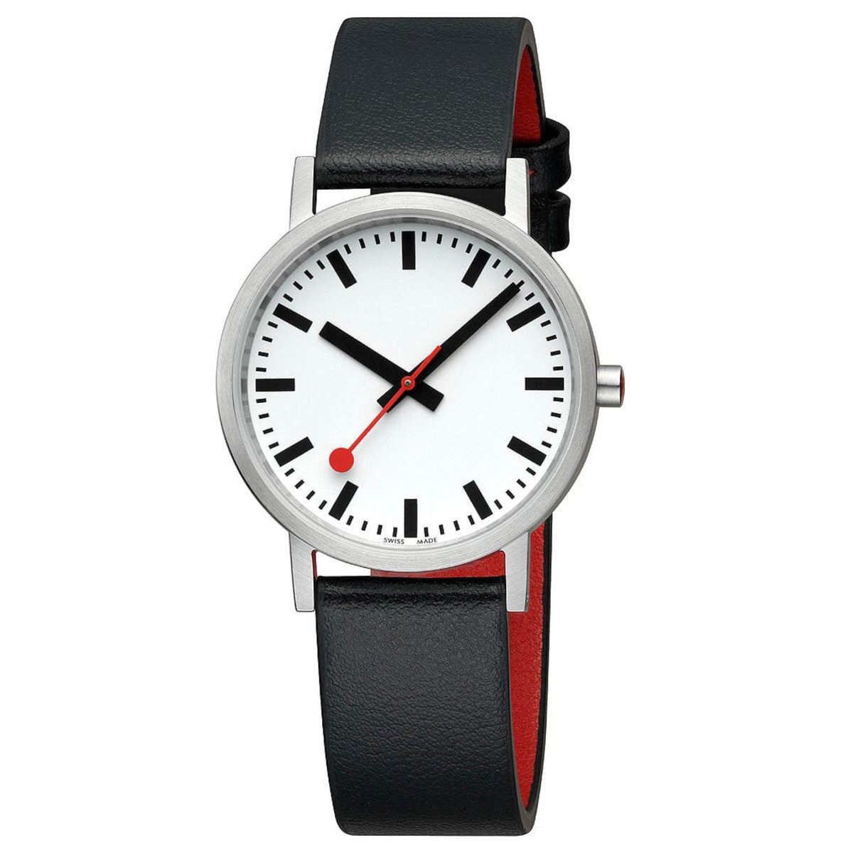 Women's quartz wristwatch with white dial, red second hand, black leather strap and silver bezel