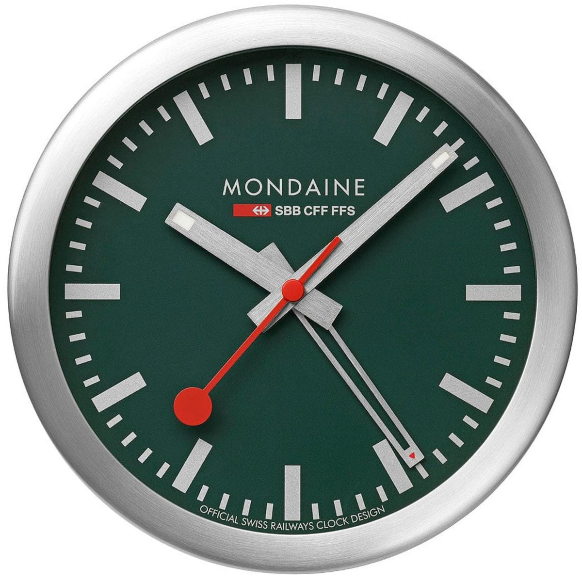 Green dial mini wall clock face with silver frame, red second hand and hour markers
