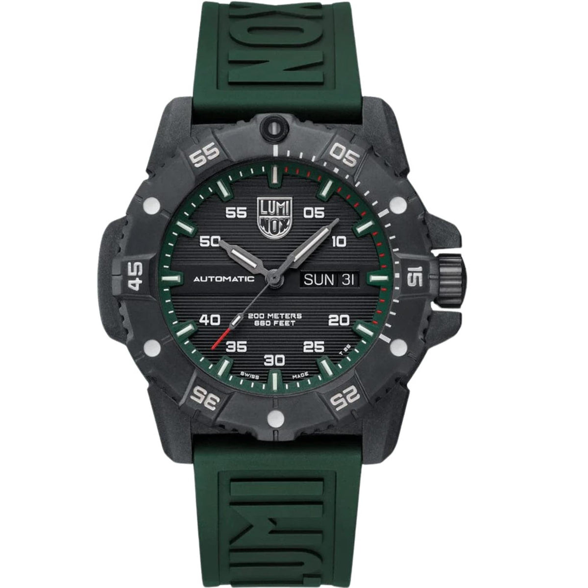 Luminox automatic diver watch with green dial, dark bezel, and green rubber strap