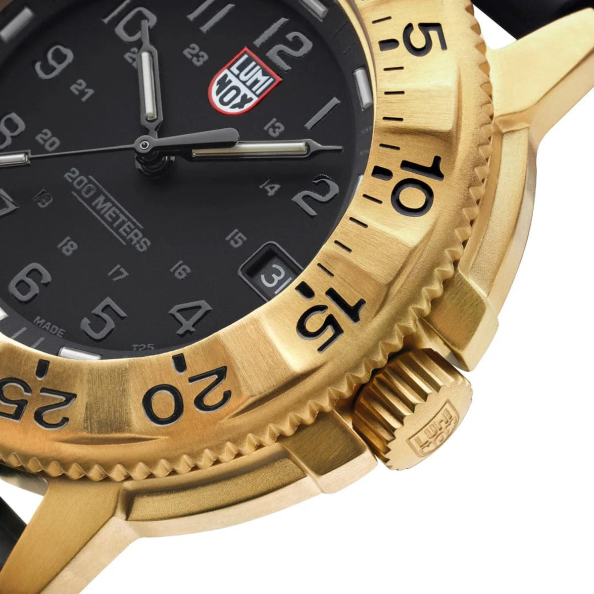 Men's quartz diver watch with black dial, gold-tone bezel, and black rubber strap