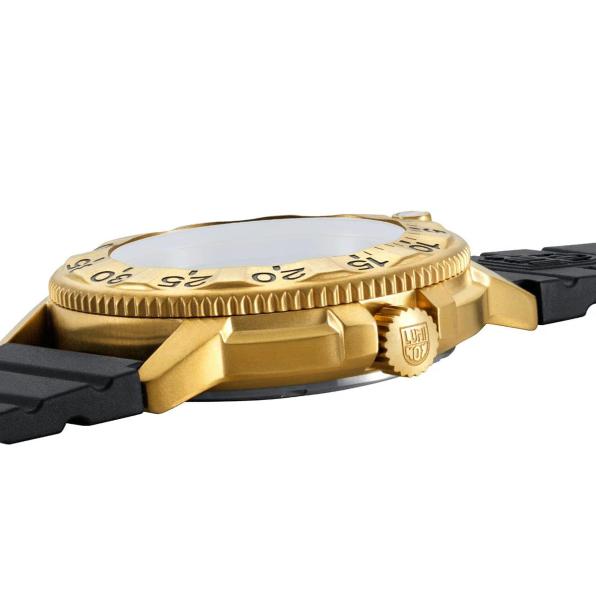 Men's diver watch side view: gold-tone case, black rubber strap, rotating bezel ring