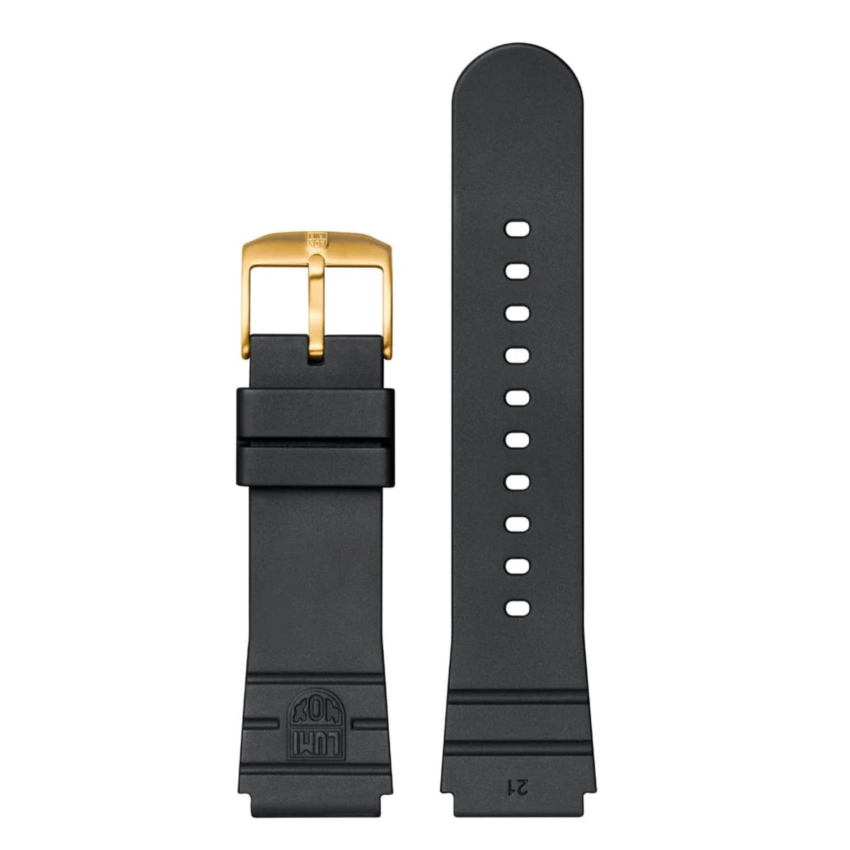 Black rubber watch strap with gold-tone buckle and adjustment holes