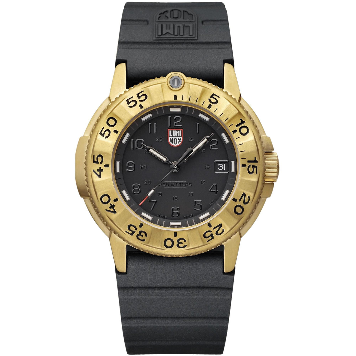 Men's Luminox quartz watch with gold bezel, black dial, and black rubber strap