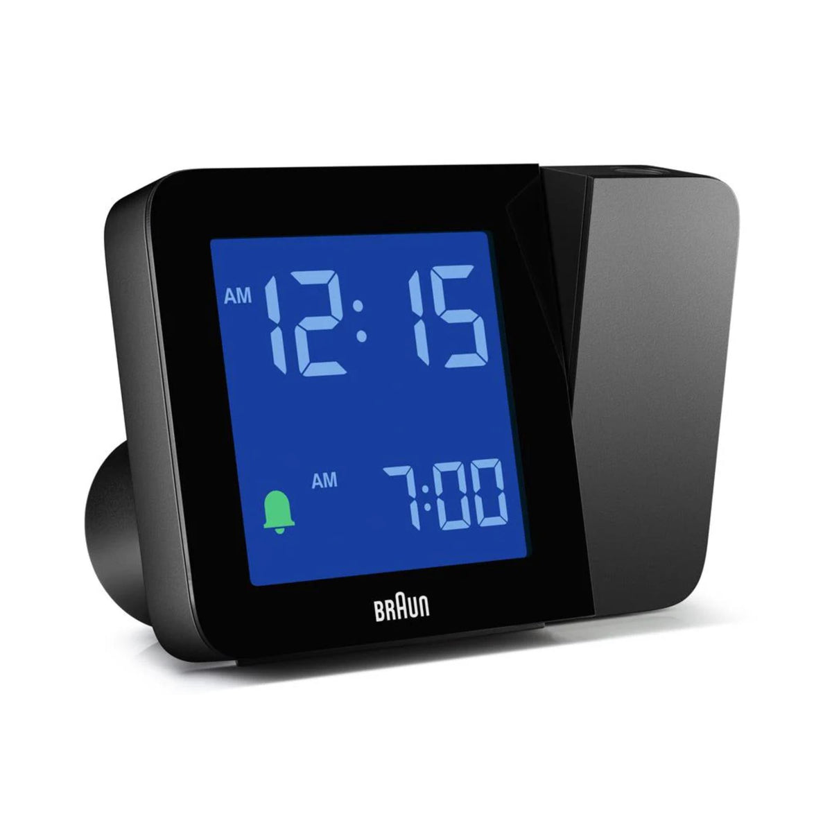 Braun digital projection alarm clock in black with blue LCD time display 12:56