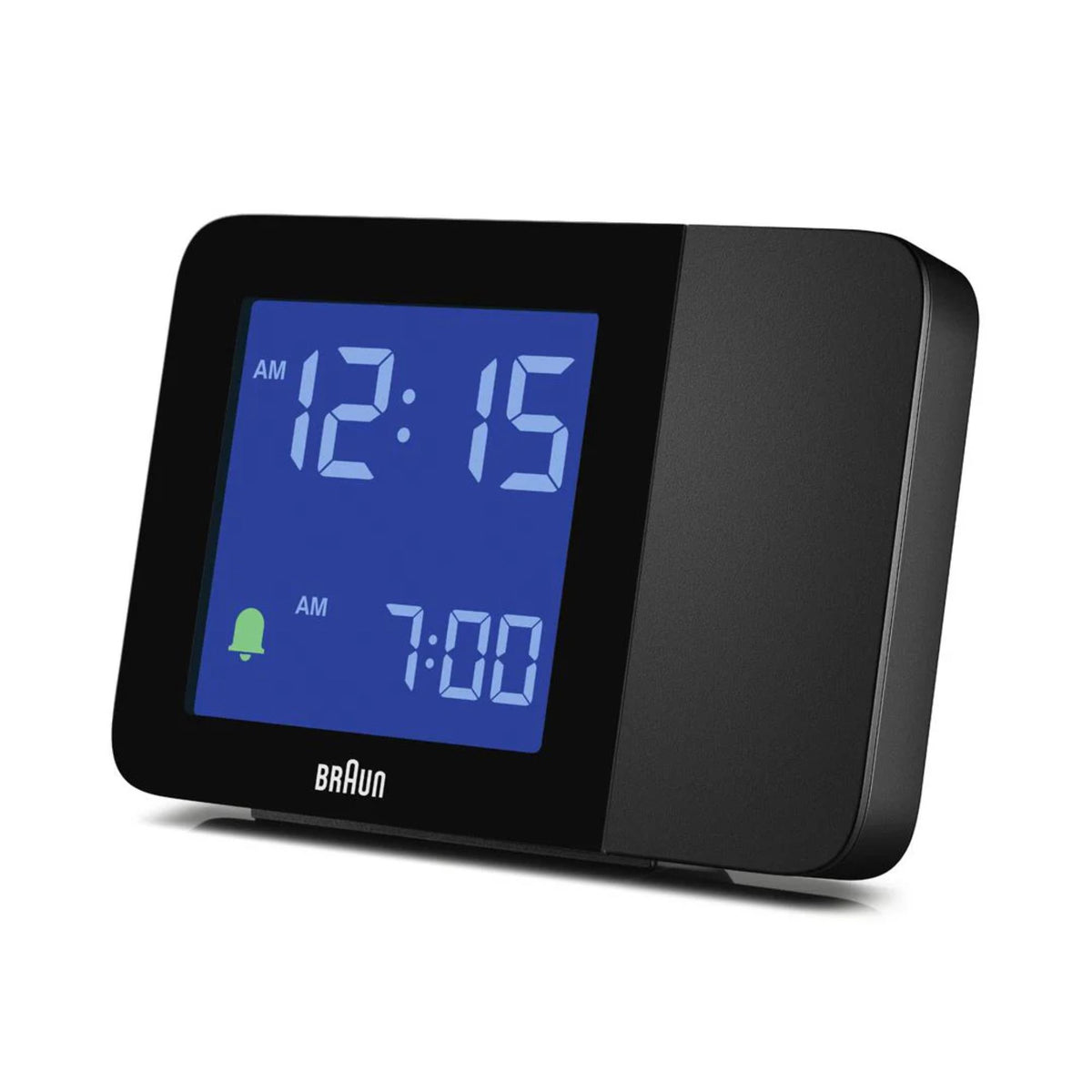 Braun digital projection alarm clock angled side view with blue LCD and bell icon