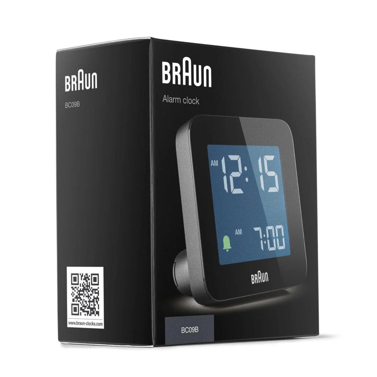 Braun digital alarm clock retail box showing clock front and blue LED time display