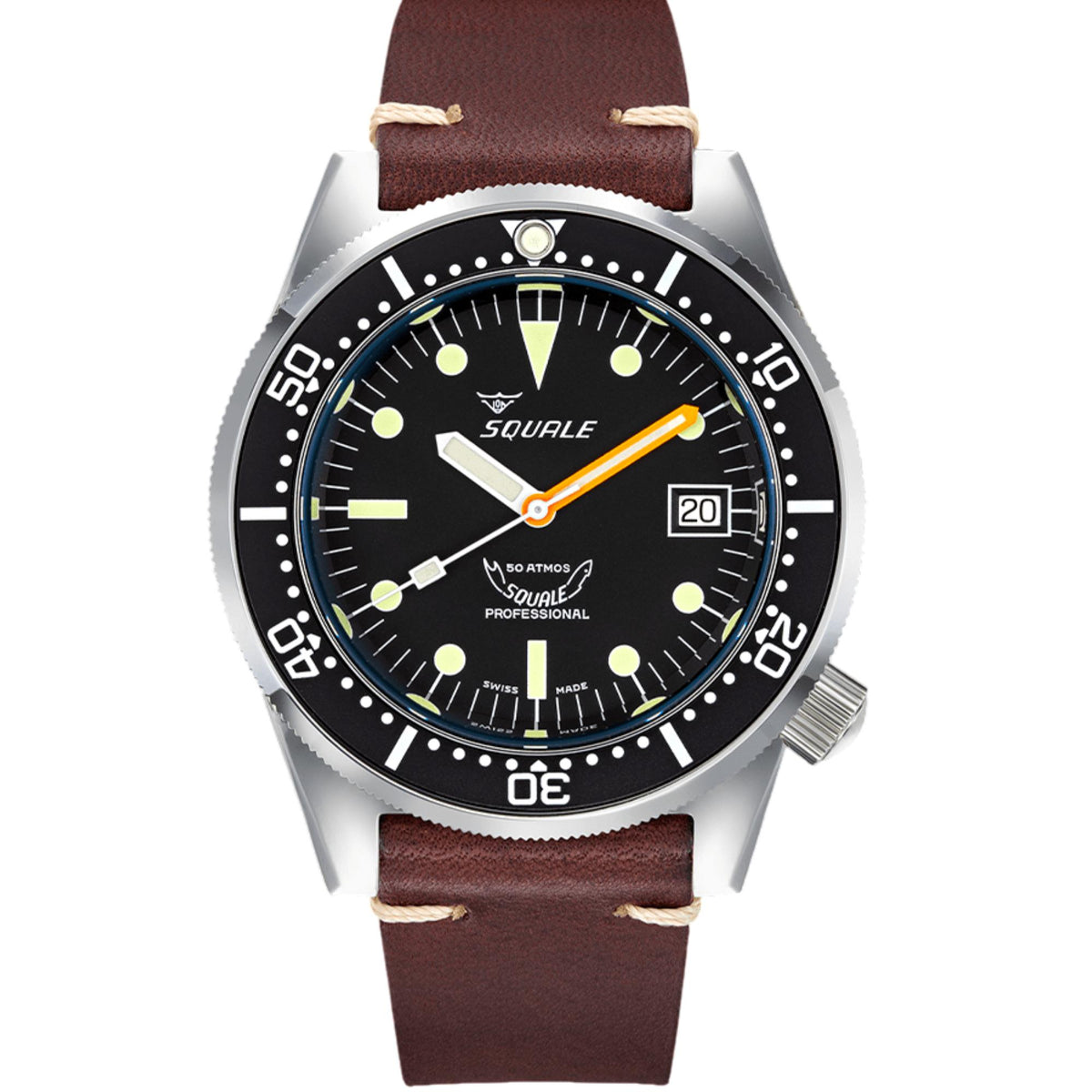 Men's dive watch with black bezel and brown leather strap, dark dial and orange hand