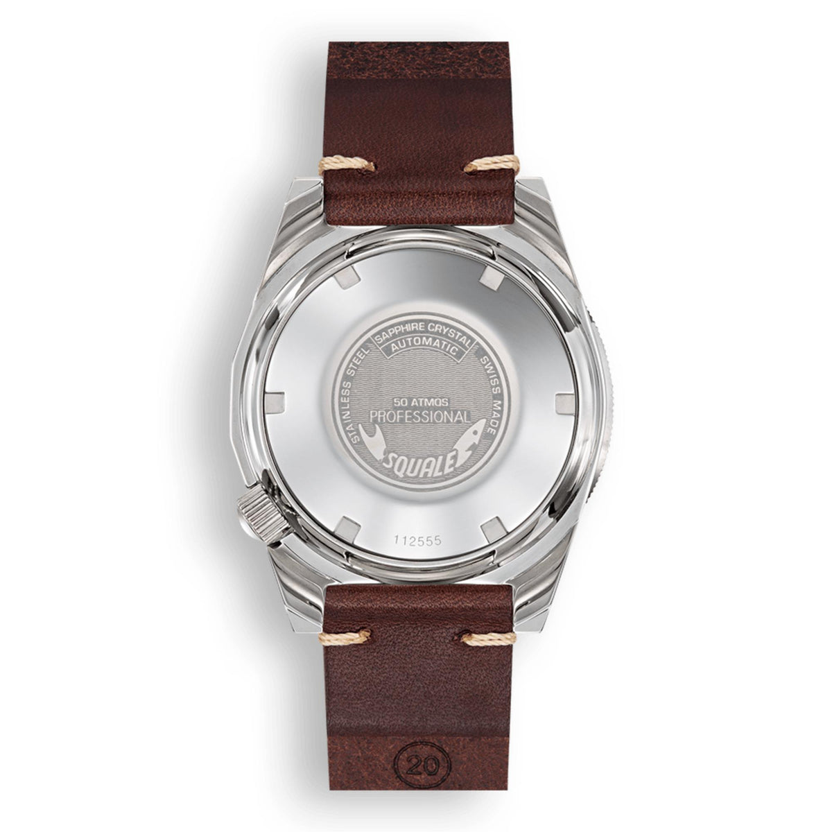 Men's automatic watch case back in silver finish with brown leather strap