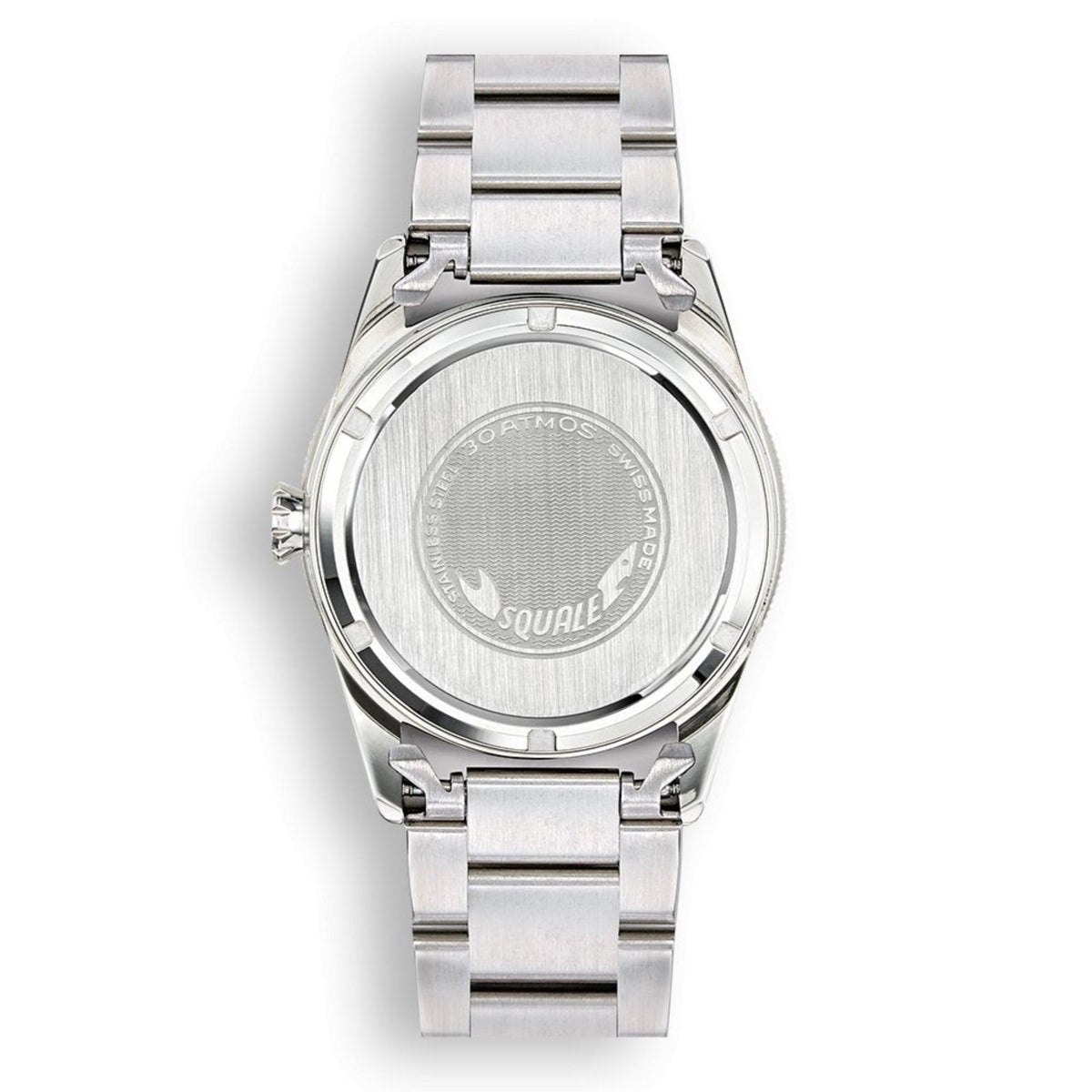 Stainless steel watch caseback with engraved emblem and metal bracelet for men's watch