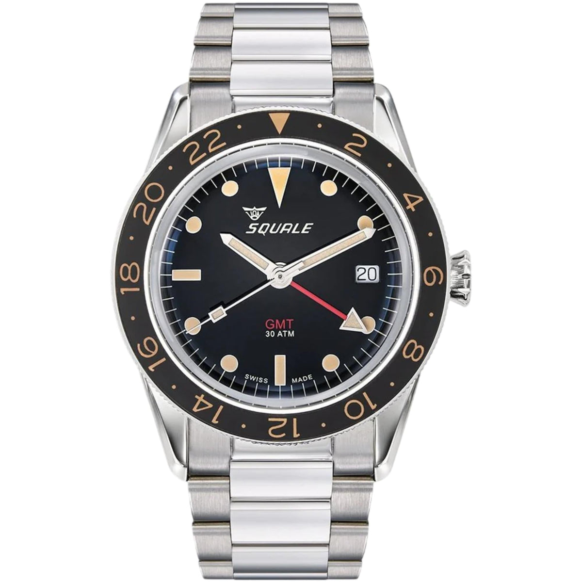 Men's steel GMT watch with black dial, red GMT hand, and orange bezel markers