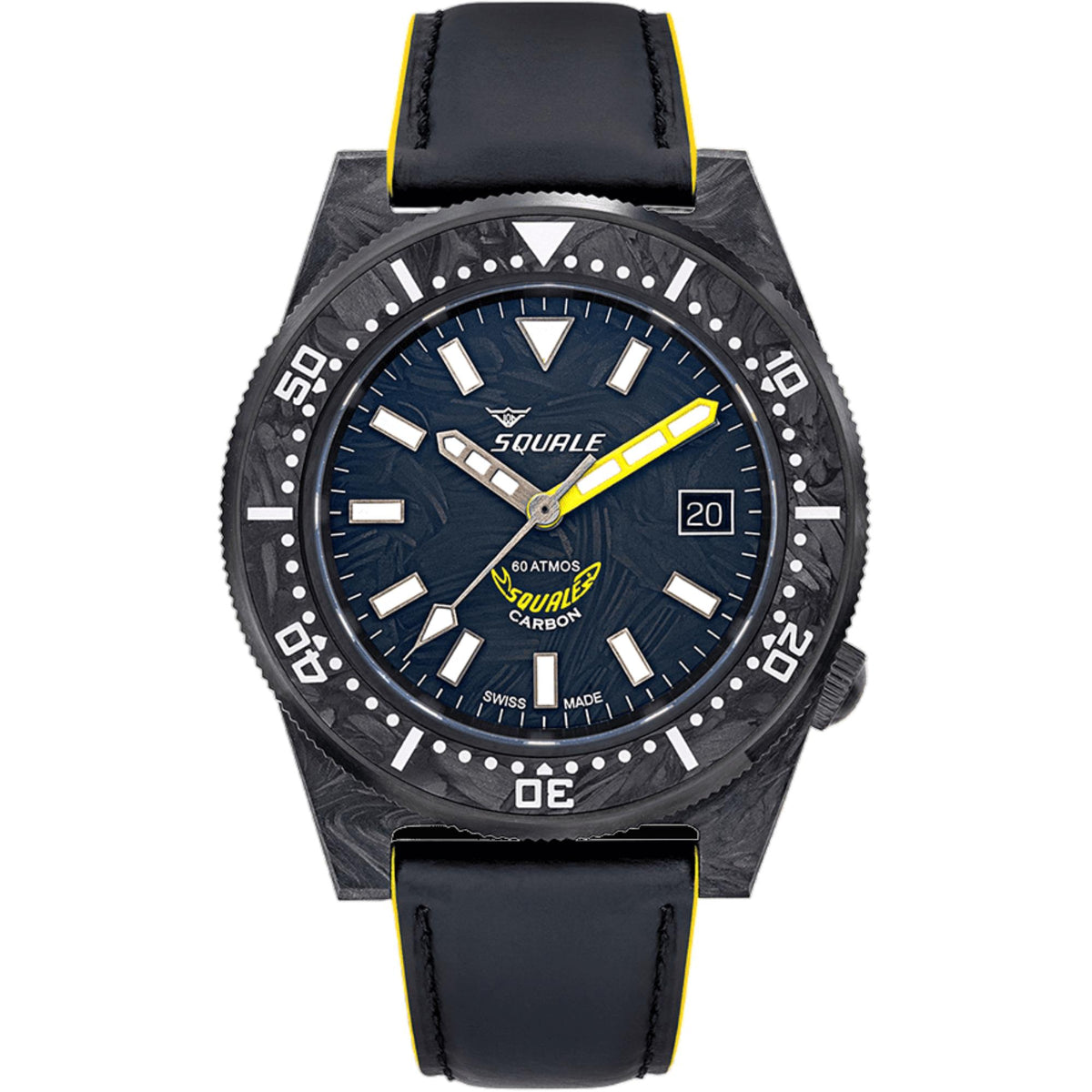 Men's diver watch with blue dial, black bezel, yellow accent, leather strap, date at 20
