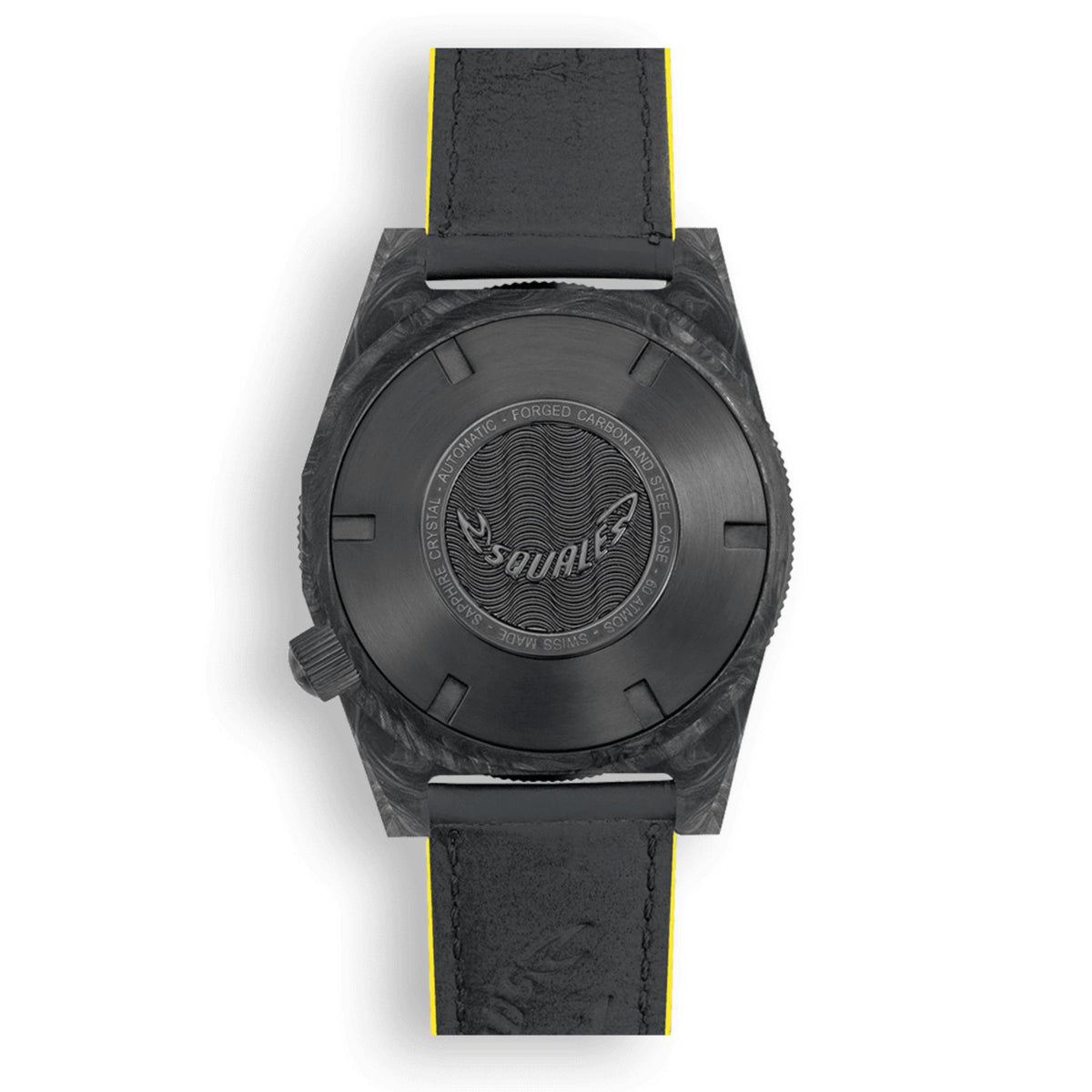 Back view of men's forged carbon watch with black leather strap and engraved caseback logo