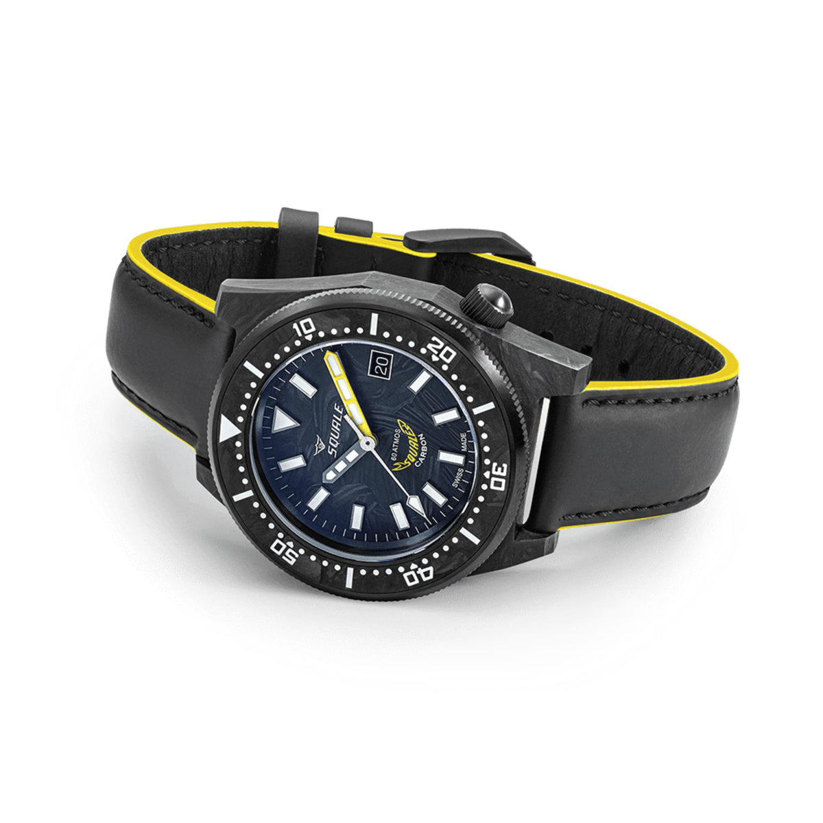 Men's black diver watch with blue dial and yellow-trim leather strap, round case