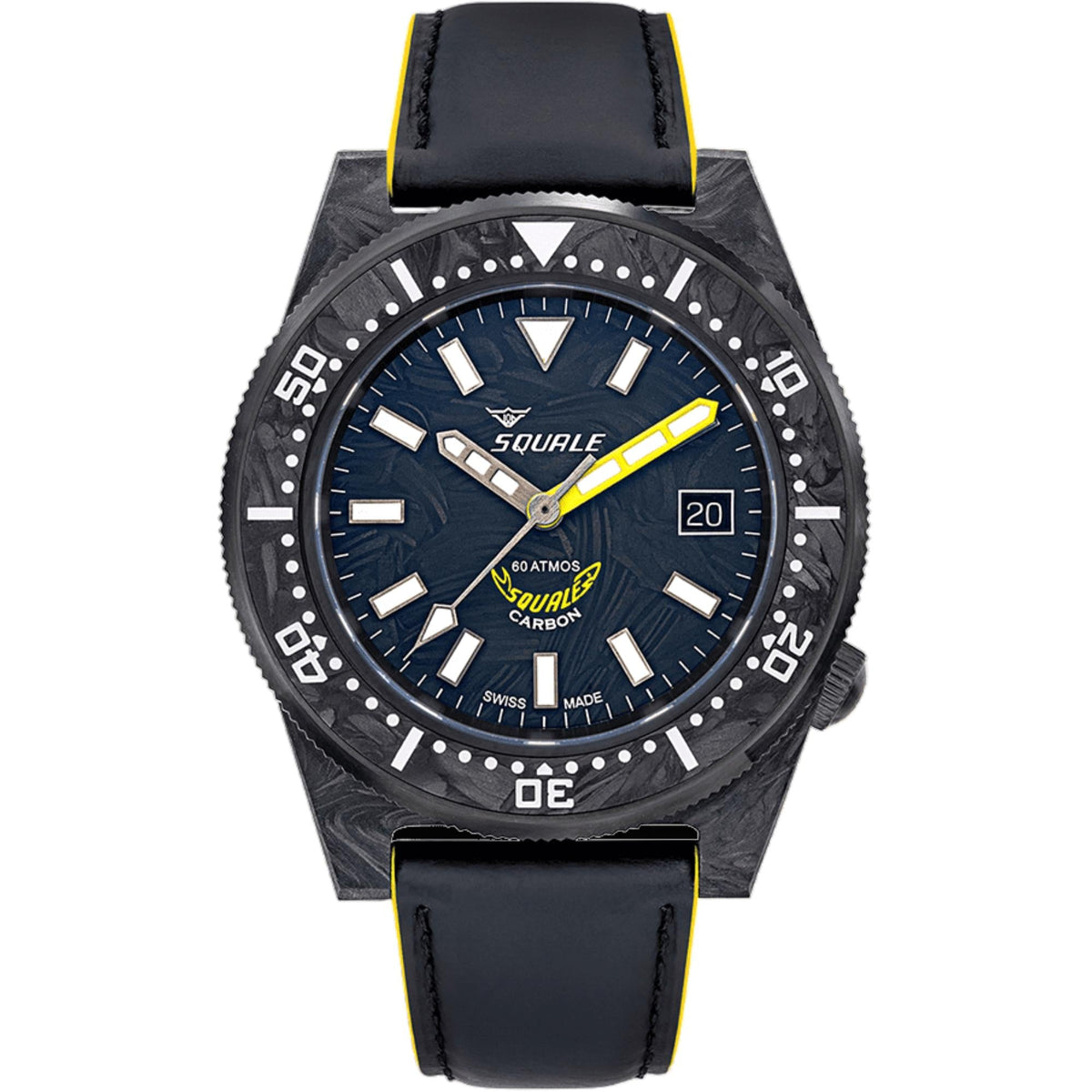 Men's diver watch with blue dial and yellow seconds hand, black leather strap, date window