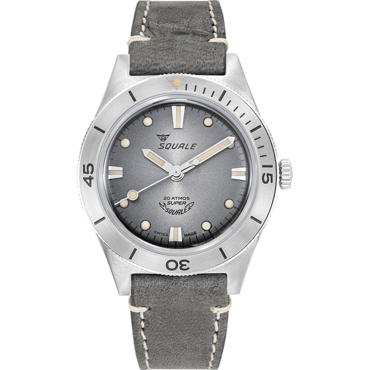 Men's automatic watch with grey dial, silver bezel, dark grey leather strap