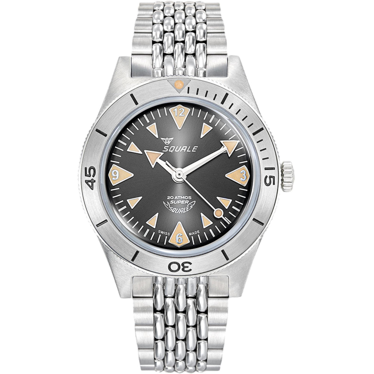 Men's automatic diver-style watch with black dial, steel bracelet, and orange accents
