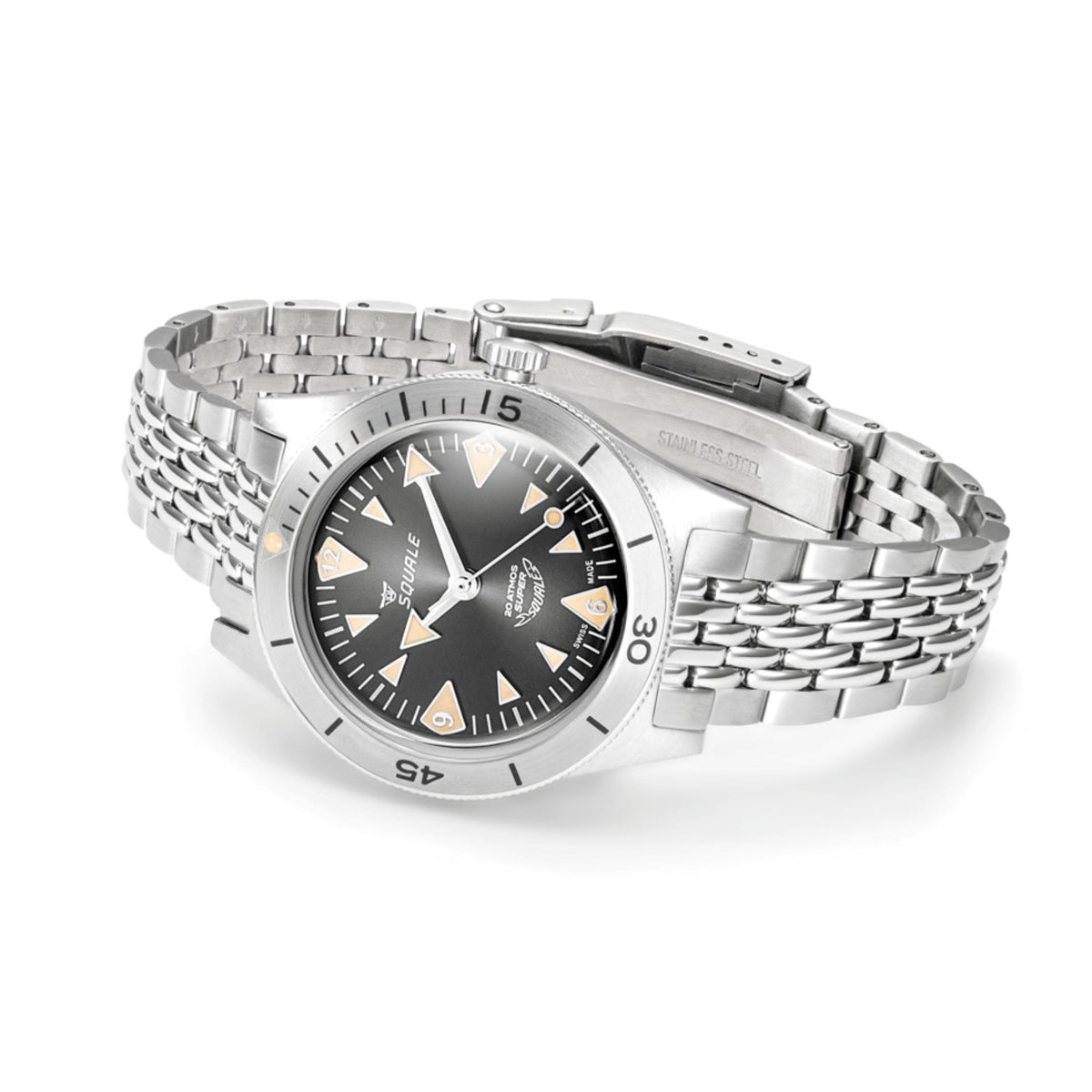 3/4 view of men's stainless steel watch with black dial and bracelet links