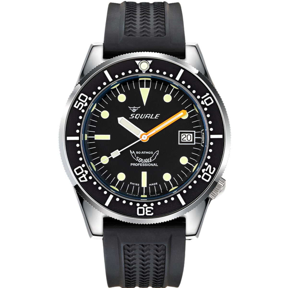 Men's Squale diver watch with black dial, green lume markers, orange hands, black strap