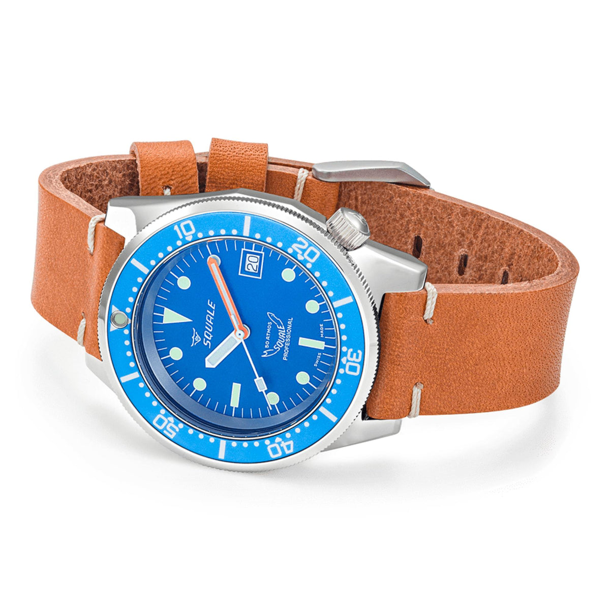 Men's automatic watch with blue dial, silver bezel, and tan leather strap