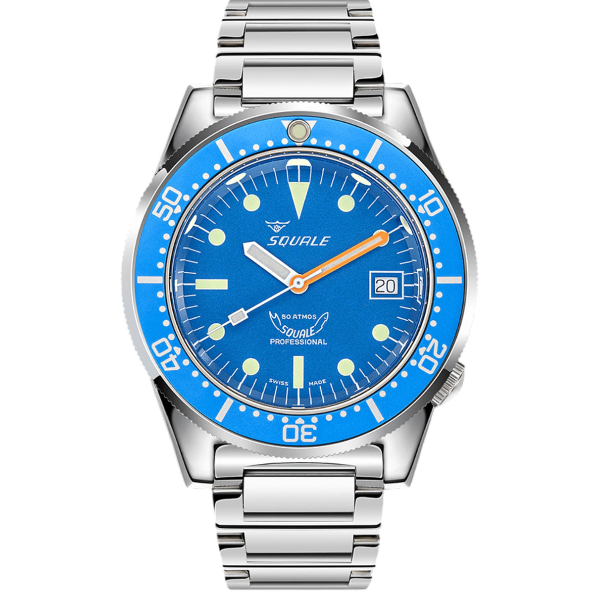 Men's steel diver watch with blue dial and orange seconds hand, date window at 20