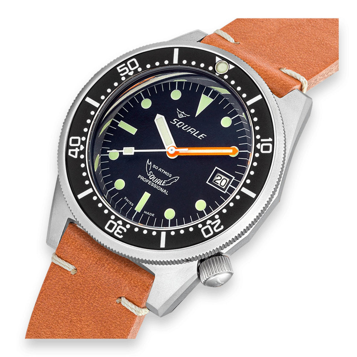Men's dive watch close-up on orange leather strap, black dial with luminous dots