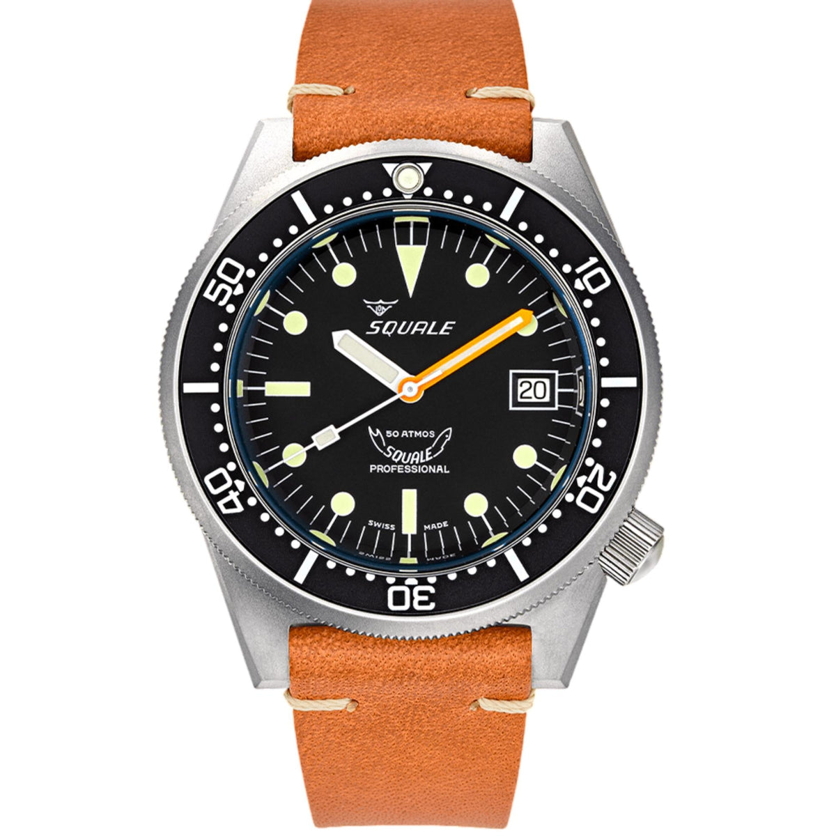 Men's dive watch front view on orange leather strap, black dial with date display