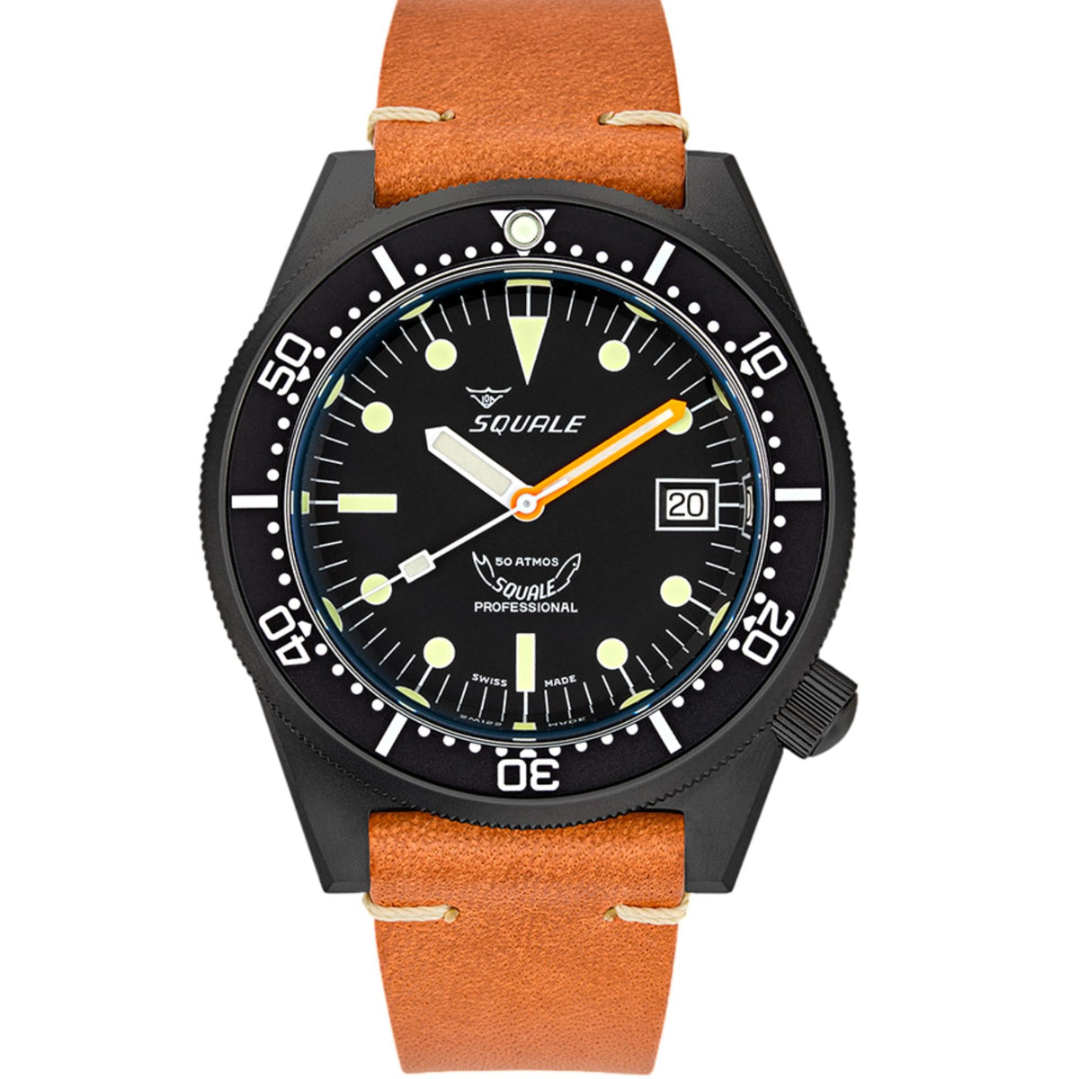 Men's black bezel watch with orange leather strap and dark dial with neon-green markers.